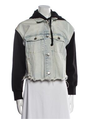 Light Wash Denim & Black Hooded Mixed-Media Jacket